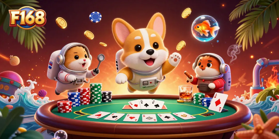 Experience F168 with a playful astronaut corgi in a vibrant space casino, surrounded by poker elements.